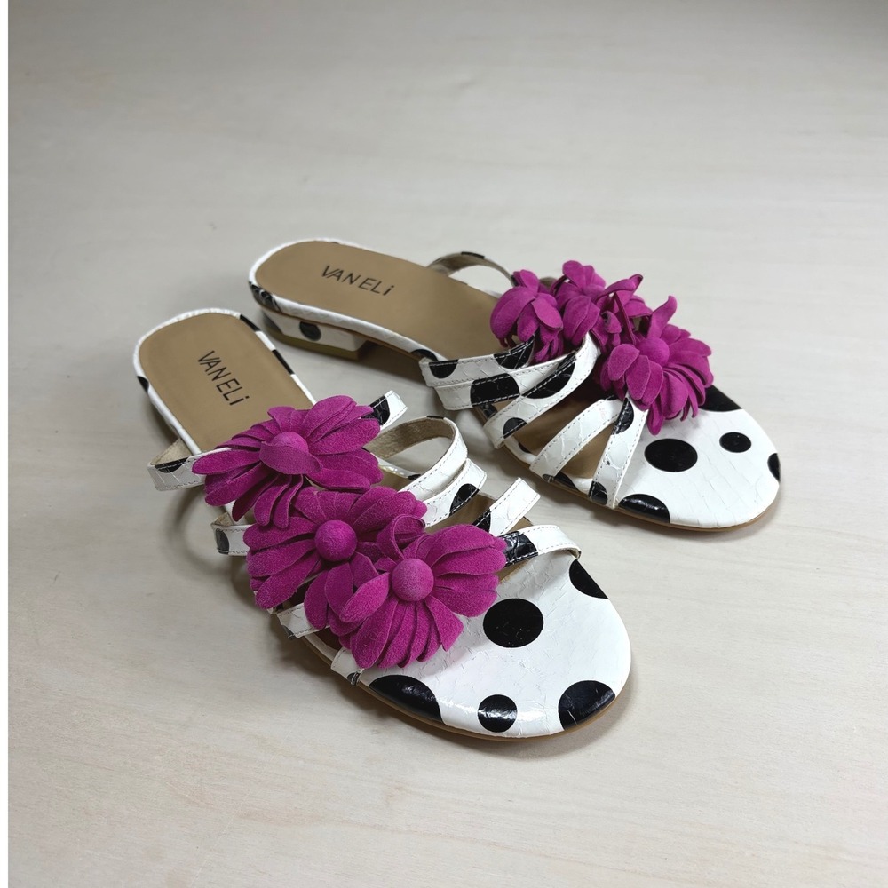 Vaneli Polka Dot Floral Slide Sandals Magenta Pink White Black Strappy Size 10N